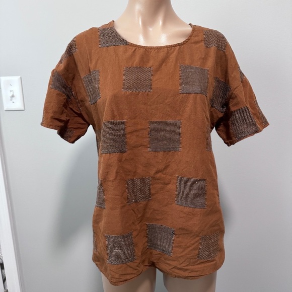 Roolee Wallace Button Back Patchworck Brown Short Sleeve Top Shirt Small Fall - Picture 2 of 6